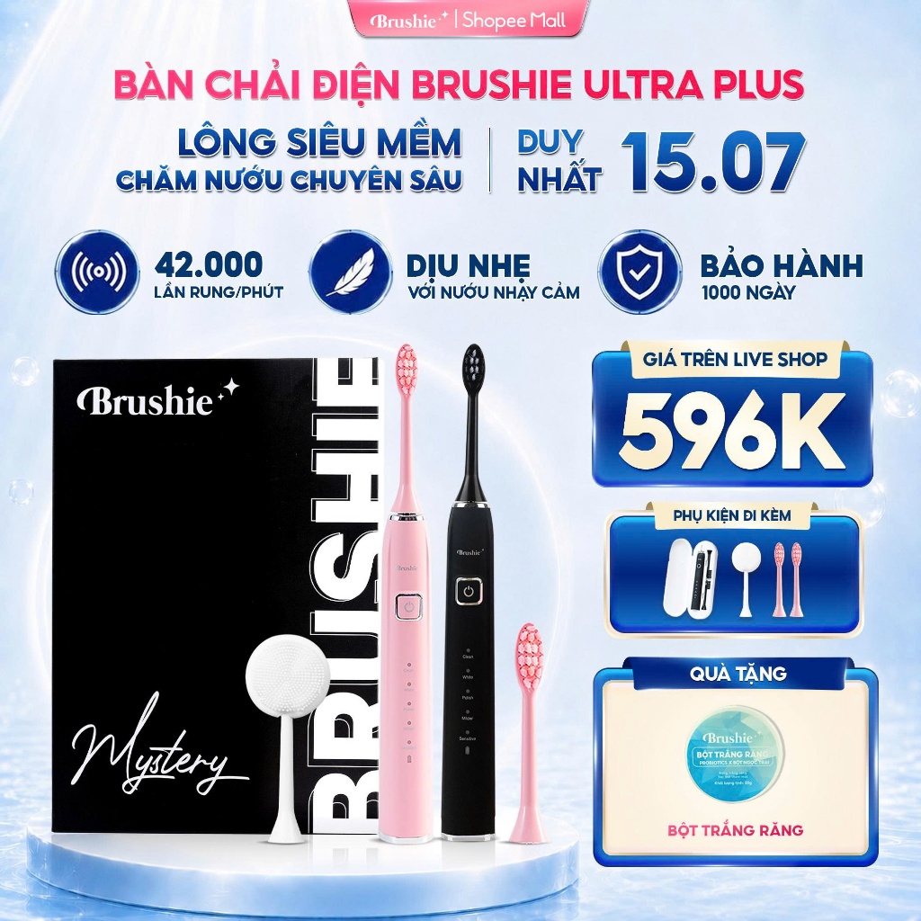 [GIÁ 596K LIVE SHOP] Bàn Chải Điện BRUSHIE Ultra Lông Mềm, Tích Hợp Máy Rửa Mặt, Sạch Sâu Dịu Nhẹ Với Nướu LIS | BigBuy360 - bigbuy360.vn