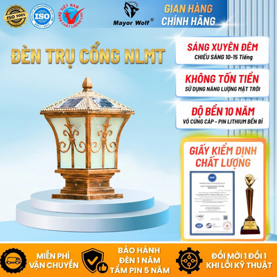 Đèn Trụ Cổng Pháp Năng Lượng Mặt Trời Mayor Wolf Siêu Bền - Bảo Hành 1 Năm - Tặng Kèm Remote