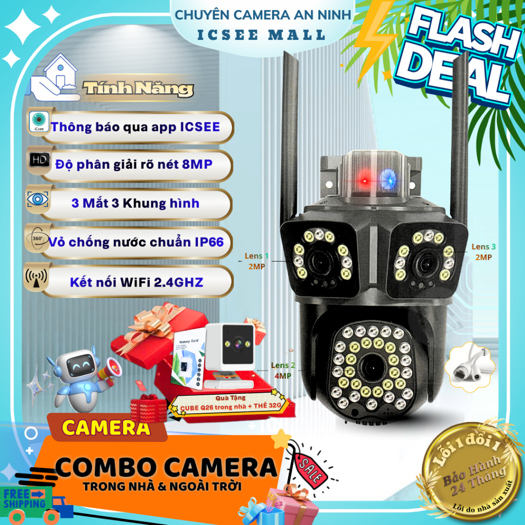 (Tặng Camera CuBe-Q26 Trong nhà) Cameras giám sát iCSee P27-XM -3 Mắt 3 khunghinh Báo động phát hiện