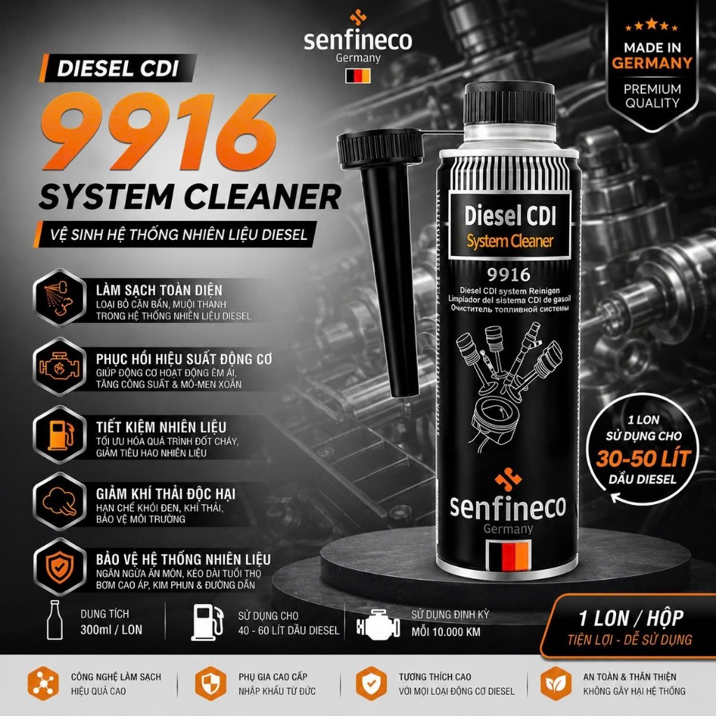 Sục Rửa Vệ Sinh Hệ Thống Kim Phun Buồng Đốt Máy Dầu Senfineco 9916 300ml