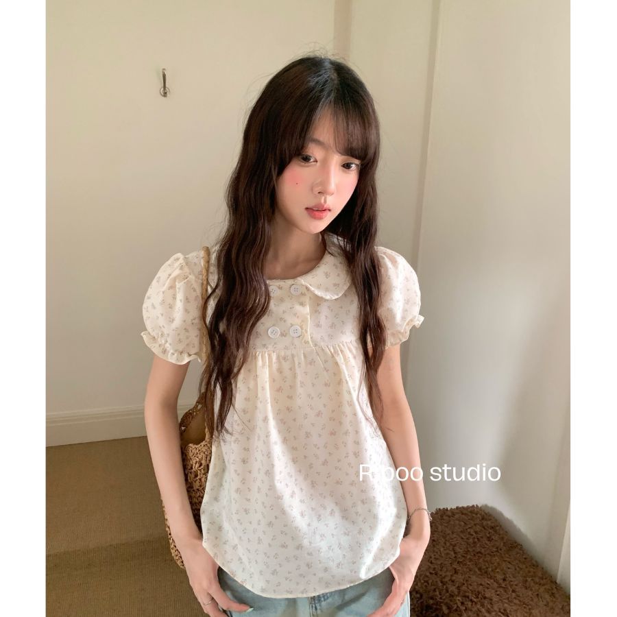 Áo Babydoll 4 Cúc Tay Bồng Cổ Sen Áo Kiểu Mùa Hè Xinh Xắn RIBOO - AO21
