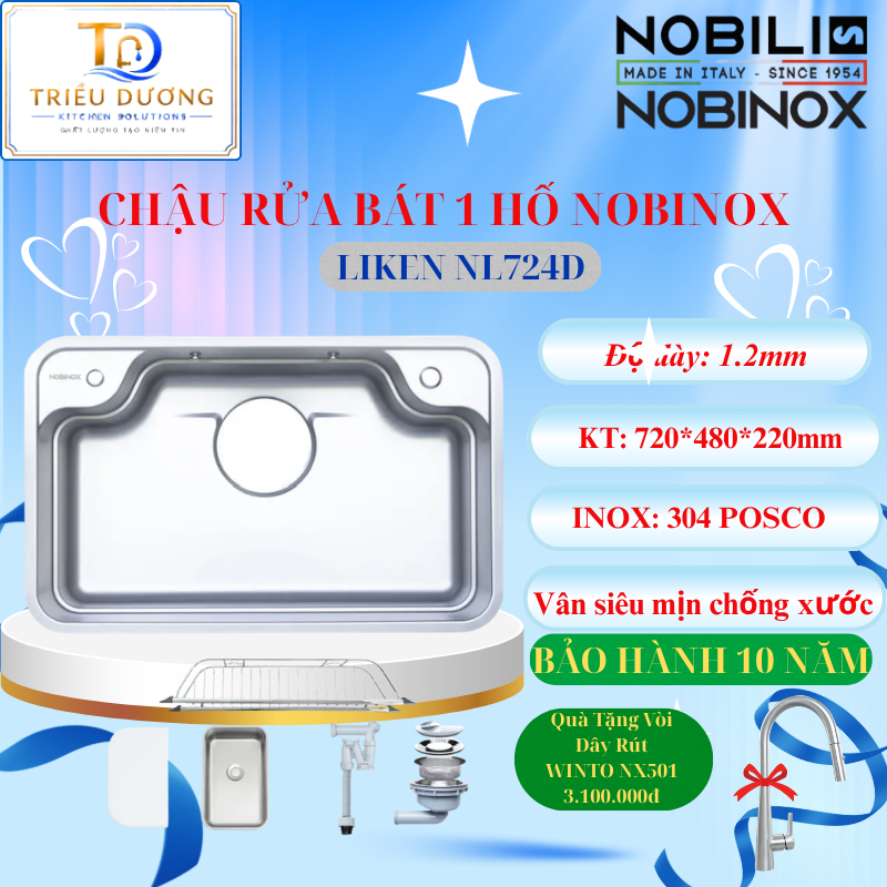 { TẶNG VÒI DÂY RÚT } CHẬU RỬA BÁT 1 HỐ NOBINOX LIKEN NL724D inox 304 vân siêu mịn chống xước