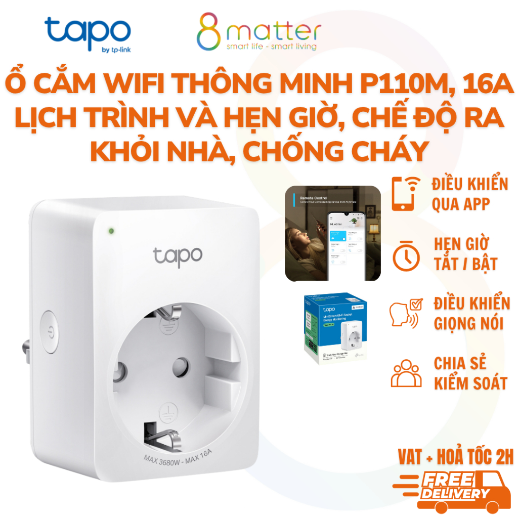 Ổ Cắm Wi-Fi Thông Minh Mini,Tapo P110M, Giám Sát Năng Lượng, Chia sẻ Thiết bị, Chống Cháy, Hẹn giờ T