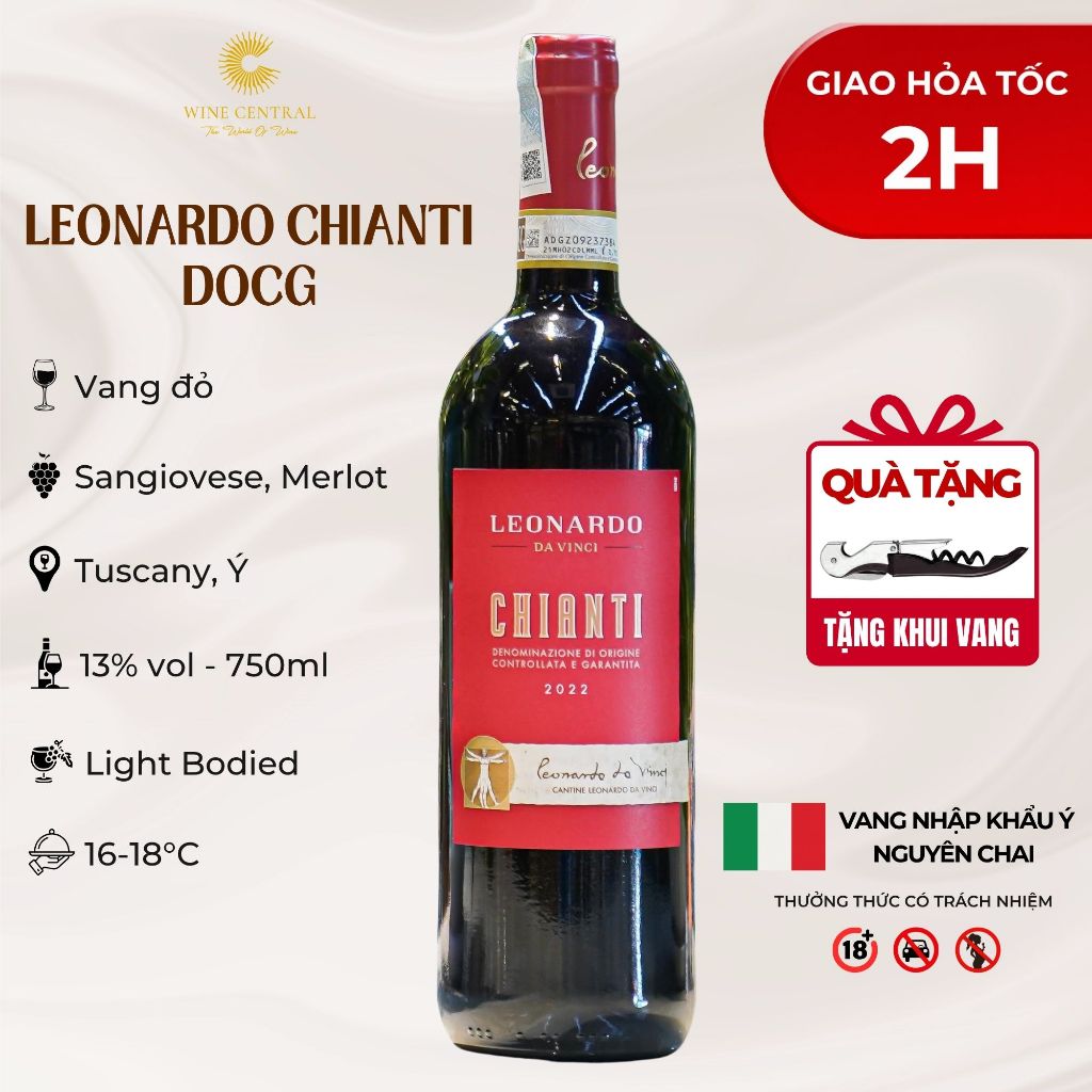 [Chính Hãng] - Rượu Vang Đỏ Ý Leonardo Chianti 750ml (13%) - Vang Nhập Khẩu WINE CENTRAL