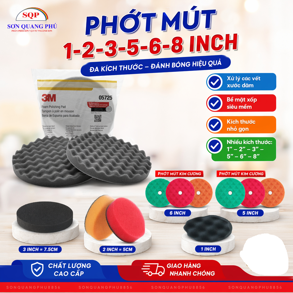 Phớt Mút Đánh Bóng 3M 05725 Bước 2-3 Dạng Sóng - Đĩa Mút- Xốp Mút 1inch 2inch 3inch-1" 2" 3" 5" 6"