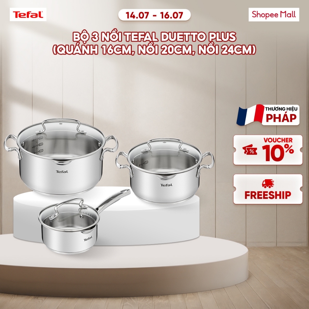 Bộ 3 nồi inox đáy từ cao cấp Tefal Duetto Plus (20cm - 24cm - 16cm)