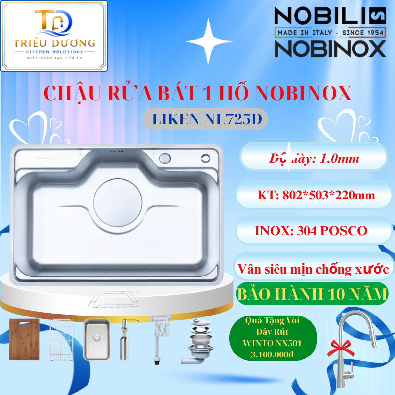 { TẶNG VÒI DÂY RÚT } CHẬU RỬA BÁT Nobinox LIKEN NL725D PHONG CÁCH NHẬT