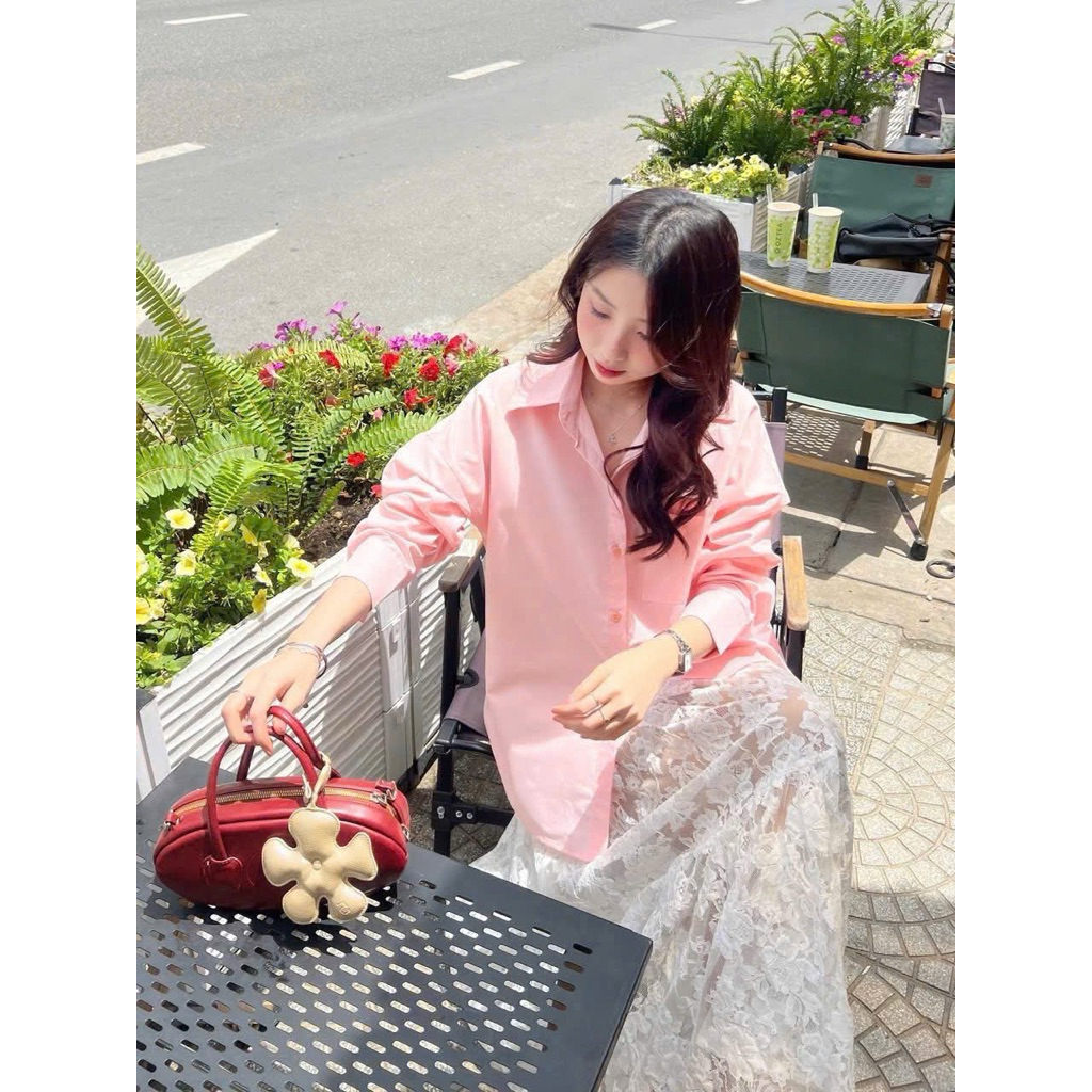 Zhuzhu Set chân váy ren hoa mỏng thoáng mát di chuyển nhẹ nhành kèm Áo sơ mi Hồng thấm mồ hôi
