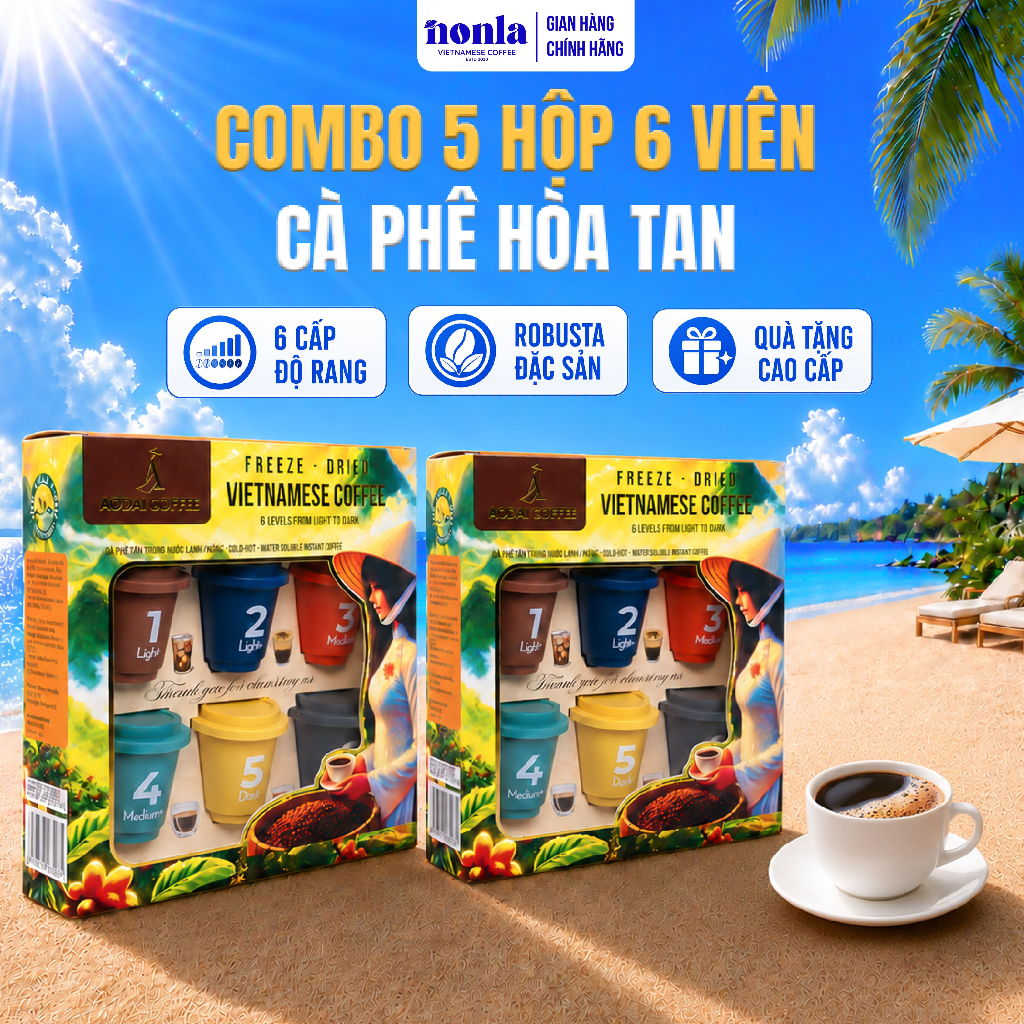 Combo 5 Hộp 6 Viên Cà Phê Hòa Tan Sấy Thăng Hoa AODAI COFFEE 6 Cấp Độ