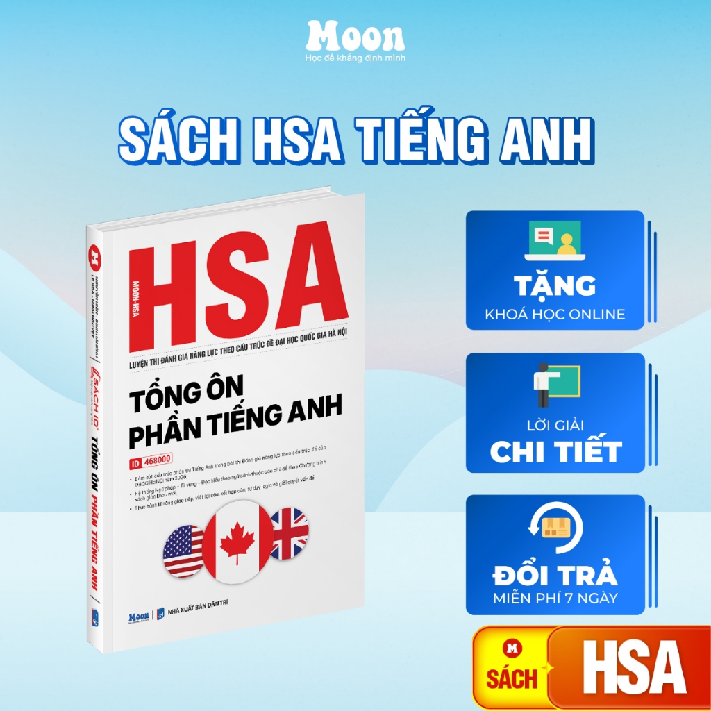 [ HSA 2025 ] - Tổng ôn phần tiếng anh, sách ôn thi đánh giá năng lực Hà Nội Moonbook