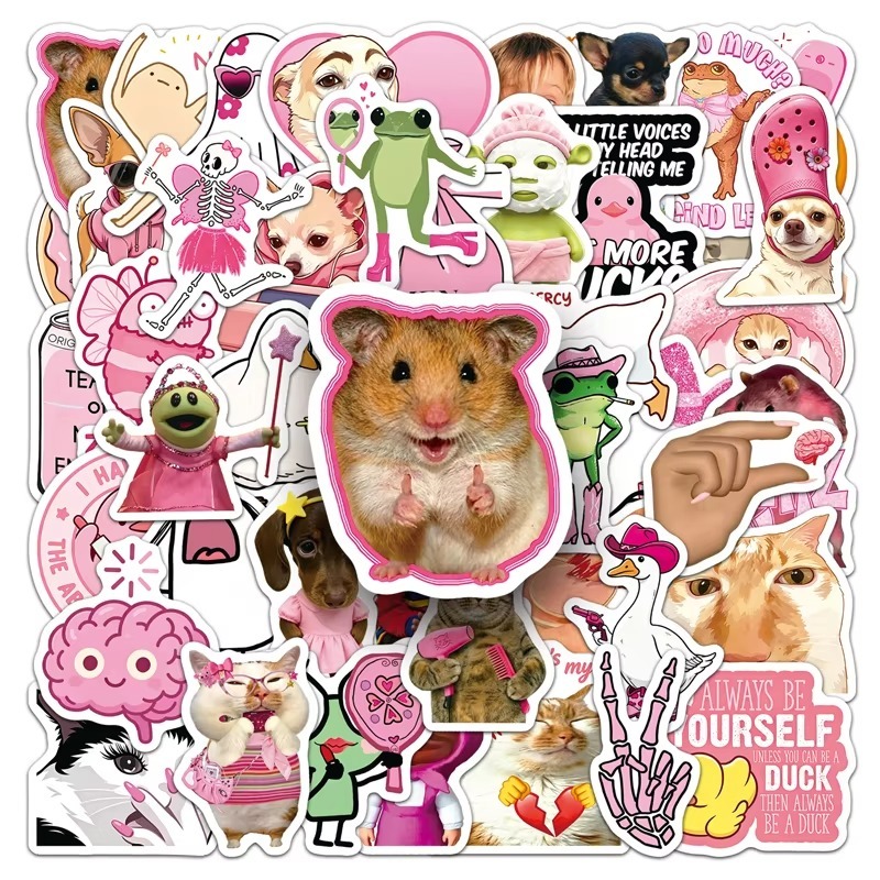 50 Miếng Sticker Meme Hồng Cute Chống Thấm Nước Hình Dán Trang Trí Dán Laptop Vali Nón Bình Nước Bàn