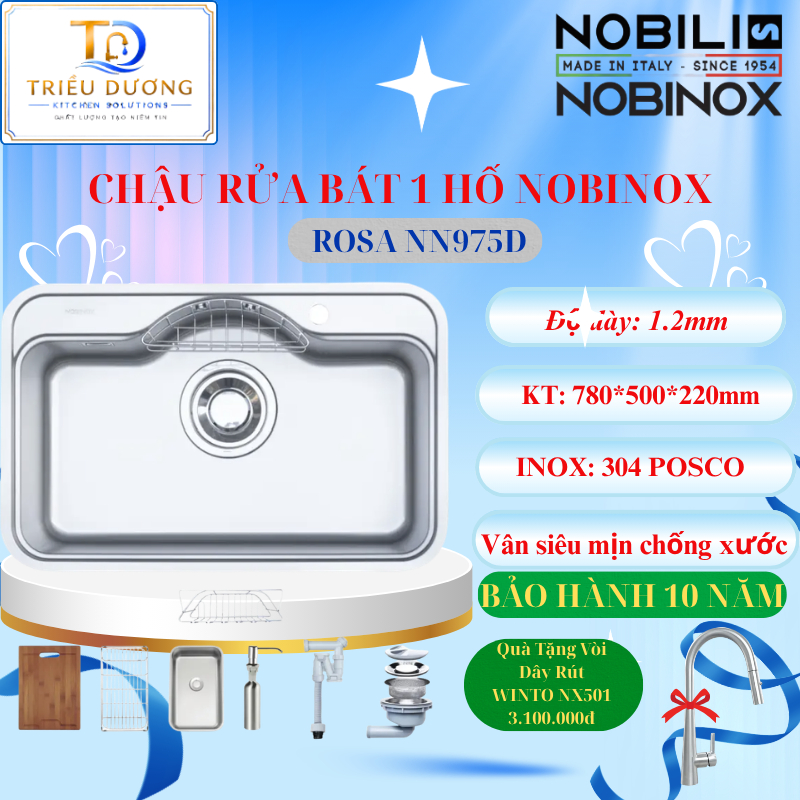 { TẶNG VÒI DÂY RÚT } CHẬU RỬA BÁT Nobinox ROSA NN975D Bề mặt Vân siêu mịn