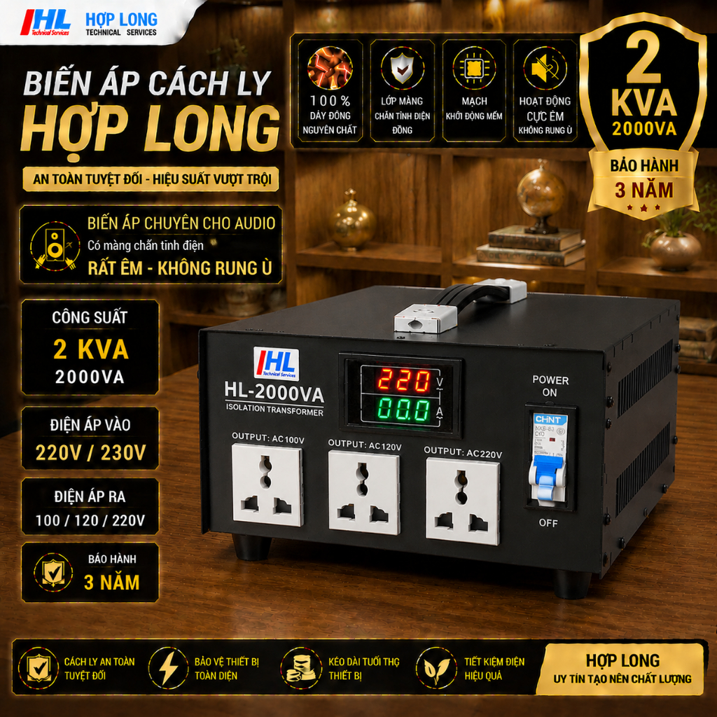 Biến áp cách ly 1KVA -2KVA 100V/120V/220V 100% dây đồng chống giật bảo hành 3 năm - Điện Tử Hợp Long