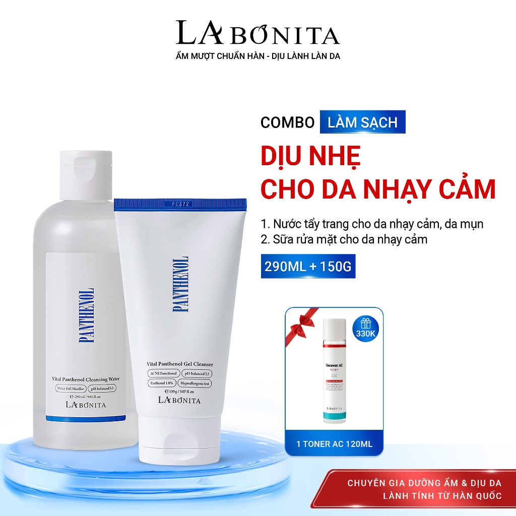 [Tặng Toner AC] COMBO Sạch Dịu Nhẹ Cho Da Nhạy Cảm - Nước tẩy trang LaBonita 290ml + Sữa rửa mặt Pan