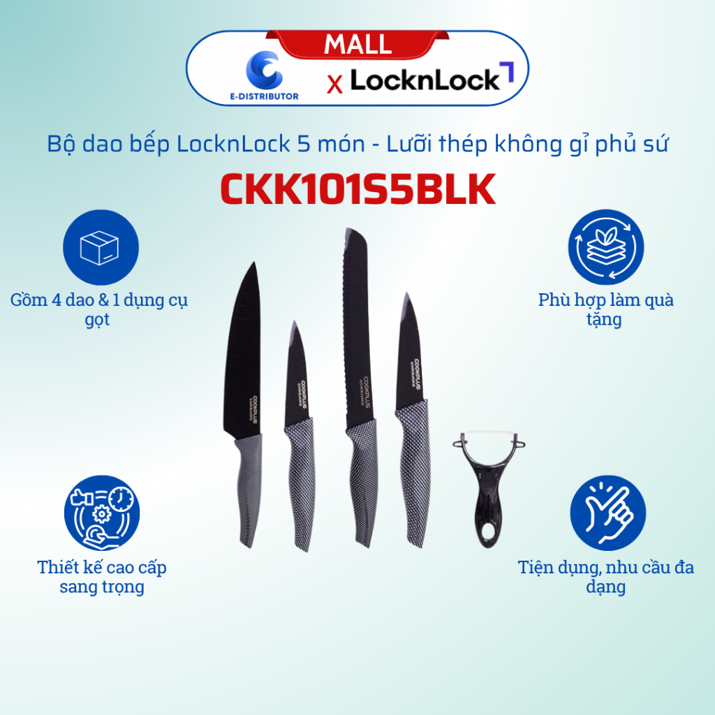Bộ dao bếp 5 món LocknLock CKK101S5BLK - Lưỡi thép không gỉ phủ sứ - Hàng chính hãng