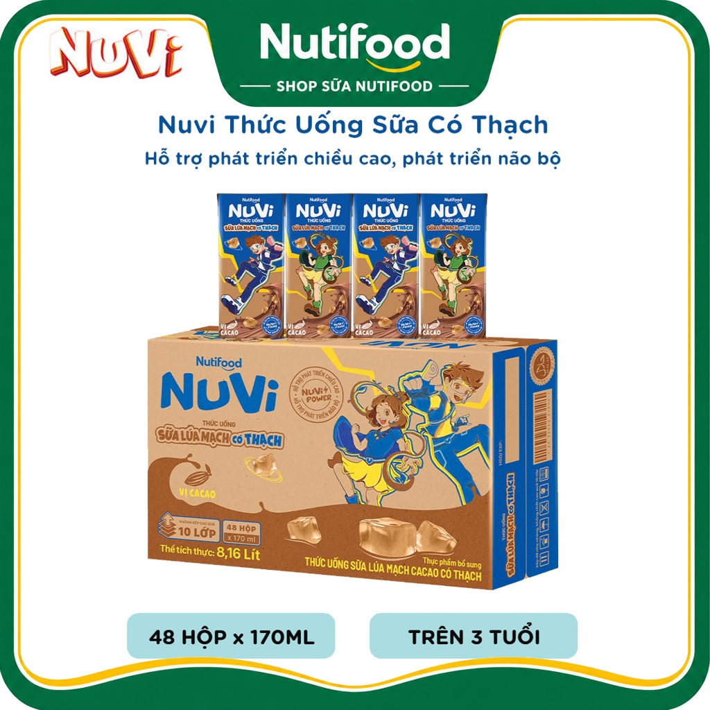Thùng 48 Hộp NuVi Sữa Lúa Mạch Thạch Cacao/ Đường Đen/ Dâu/ Thạch Cam 170ml - SHOP SỮA NUTIFOOD