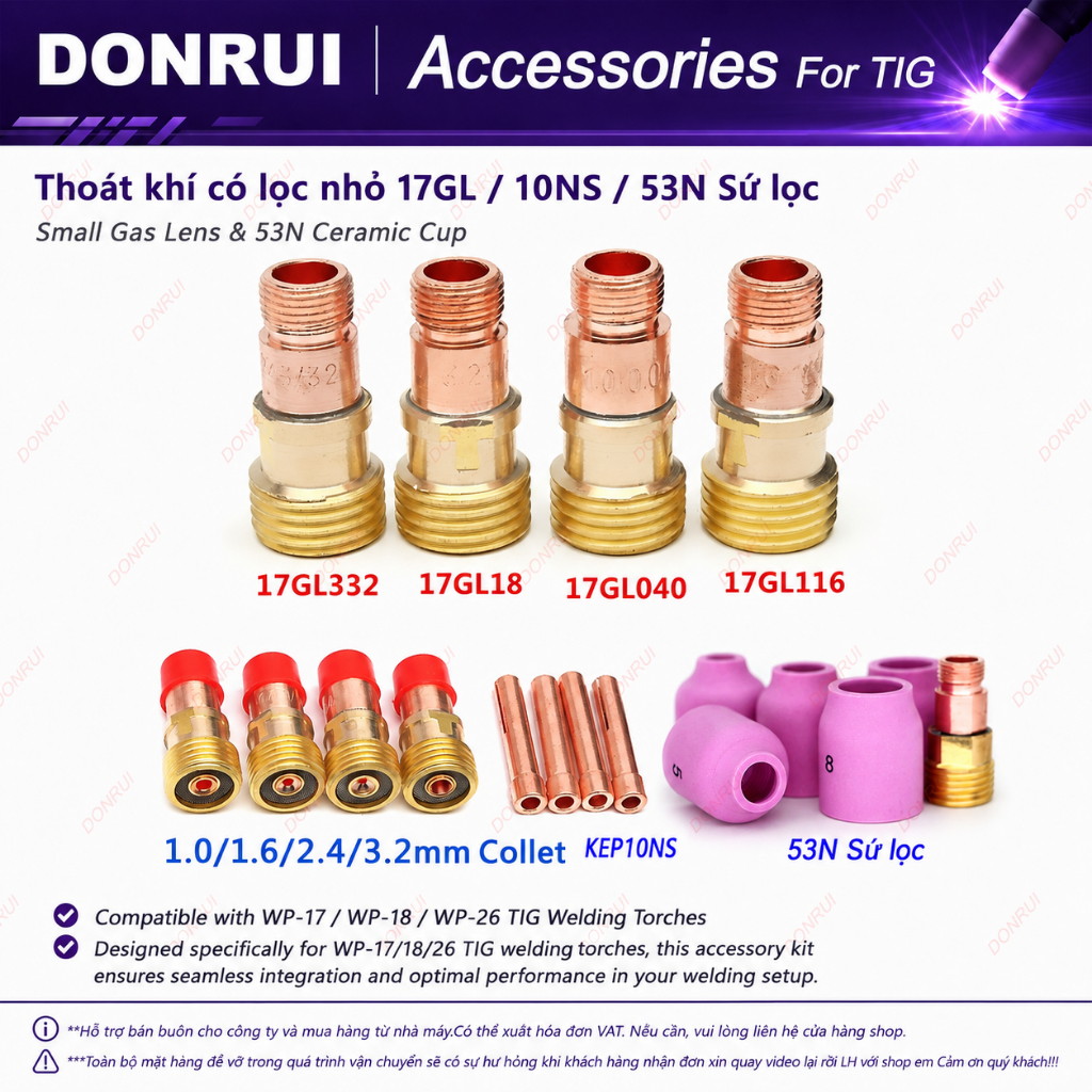 Thoát khí có lọc nhỏ 17GL040 17GL116 17GL332 17GL18 10NS chụp sứ 53N Sứ lọc mỏ hàn tig WP-26/17/18
