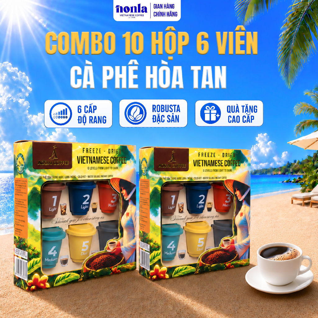 Combo 10 Hộp 6 Viên Cà Phê Hòa Tan Sấy Thăng Hoa AODAI COFFEE 6 Cấp Độ