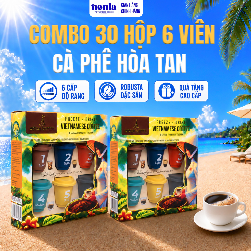 Combo 30 Hộp 6 Viên Cà Phê Hòa Tan Sấy Thăng Hoa AODAI COFFEE 6 Cấp Độ