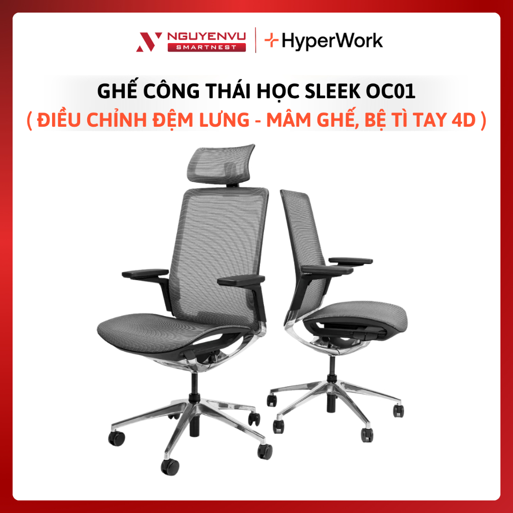 Ghế công thái học HyperWork Sleek OC01 - Tải trọng 120Kg - Lưới vải Chenille - Hàng chính hãng