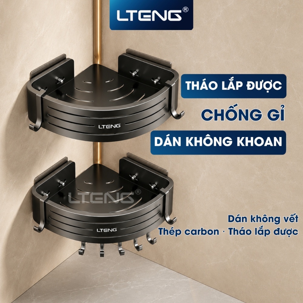 Kệ Góc Nhà Tắm LTENG Dán Tường Không Khoan, Giá Góc Để Đồ Thép Carbon Chống Gỉ Có Thanh Treo Khăn, T