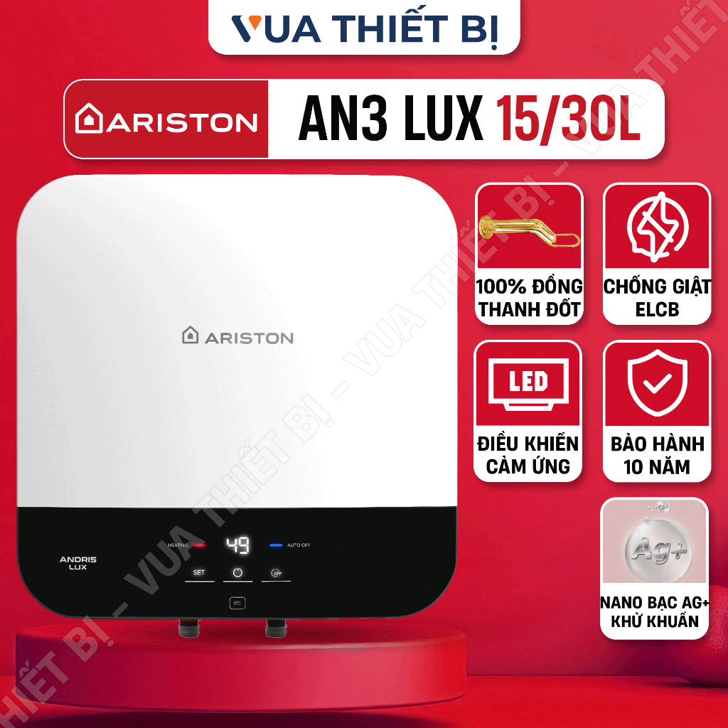 15L 30L | ARISTON AN3 LUX 15 30 lít Ag+ vuông - Bình nóng lạnh gián tiếp điện tử andris2 andris3 an2