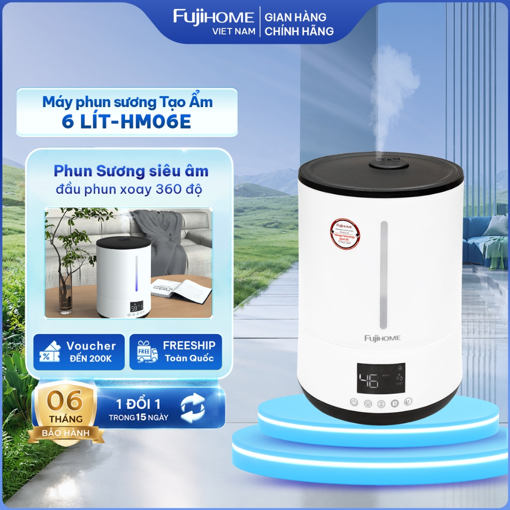 Máy phun sương tạo ẩm phòng 3 chế độ phun FUJIHOME HM06E, máy khếch tán xông tinh dầu 6L điều khiển 