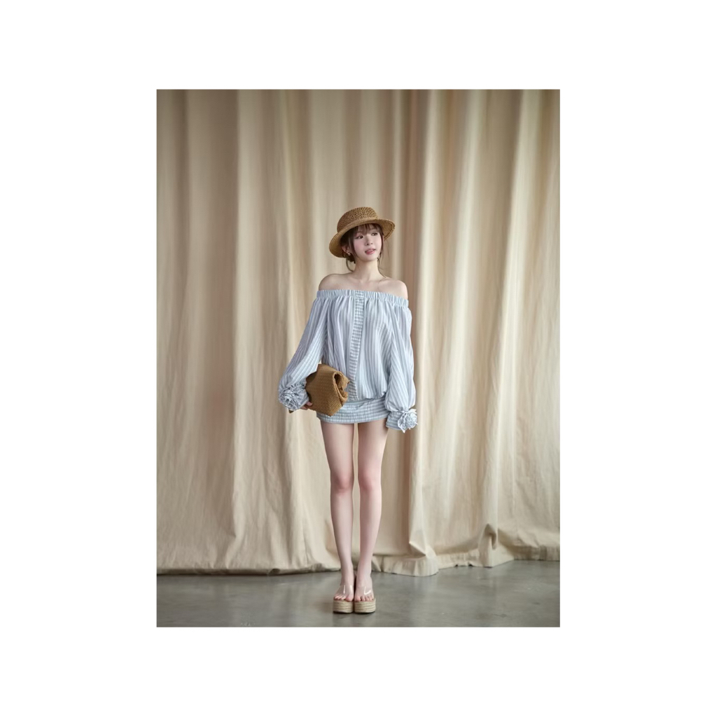 (mô tả) Anlam Dress Aguja váy trễ vai kẻ sọc hoa