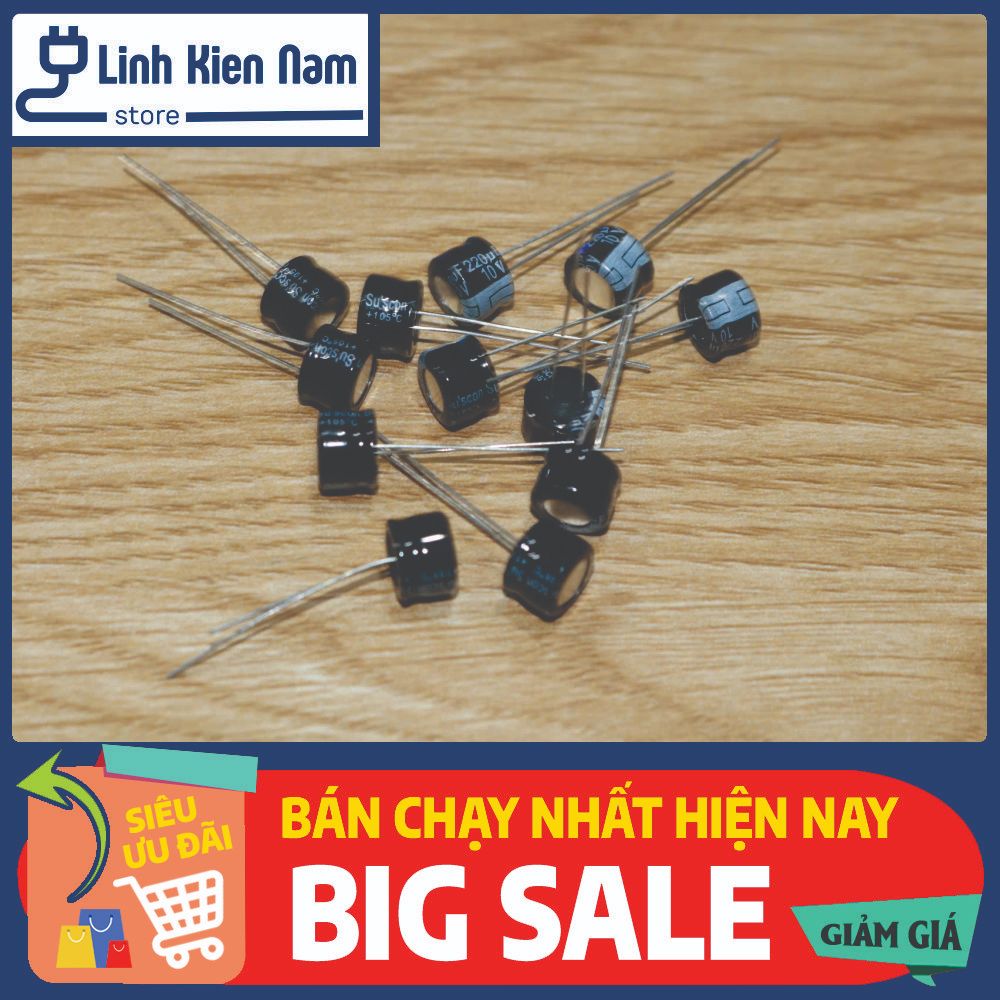 [Túi 5 con] Tụ Hóa 220uF 10V Xuyên Lỗ