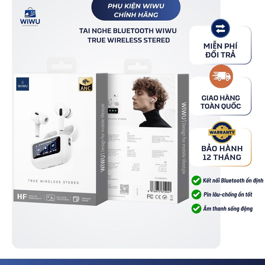 Tai nghe Bluetooth WiWU T22 - Chống ồn chủ động, pin 4 giờ, kết nối Bluetooth 5.4
