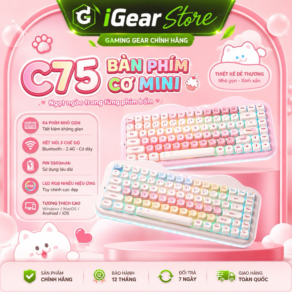 Bàn Phím Cơ Không Dây Yunzii C75 Led Viền RGB 3Mode Kết Nối Hỗ trợ MacOS