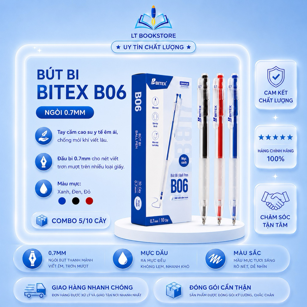 Combo 5/10 Bút Bi BITEX B06 – Ngòi 0.7mm – Viết Mượt, Nét Đậm, Khô Nhanh – 3 Màu Xanh/Đỏ/Đen – Bút b