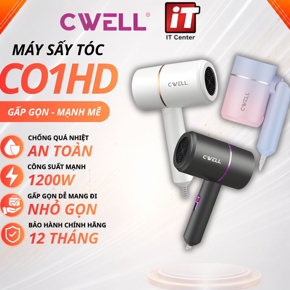 Máy sấy tóc CWELL C01HD, công suất 1200W, 2 chế độ sấy, thiết kế gập gọn và dễ dàng mang theo