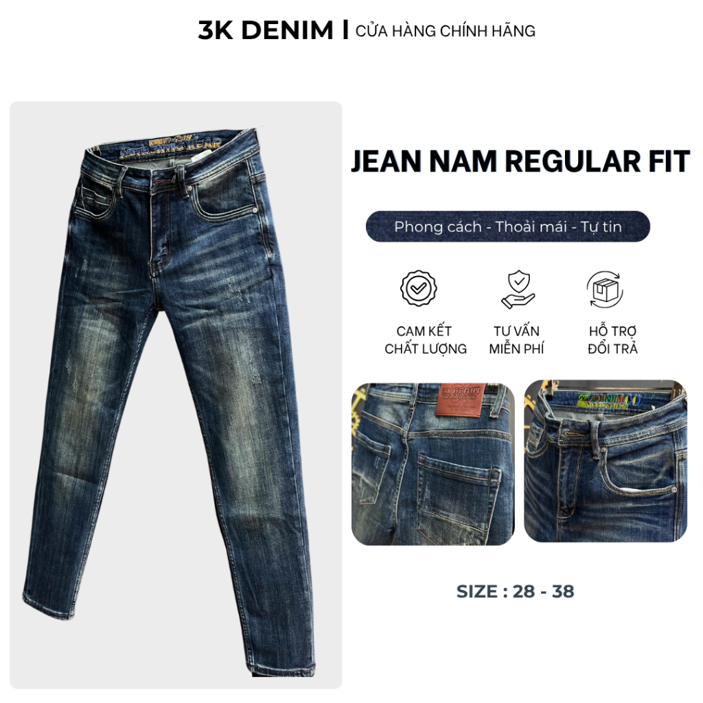 [3K DENIM] Quần Jean Denim Guangzhou-3K1941 Màu Xanh Was Phủ Rêu Lưng Thêu TunR1990 Mẫu Mới J4005.