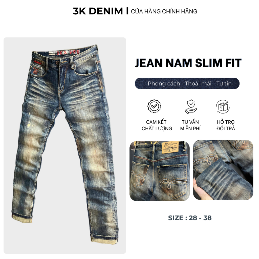 3K DENIM] Quần Jean Denim Guangzhou J4012-3K-M17 Màu Was Retro Vintage Lau Dơ Sơn Mẫu Mới