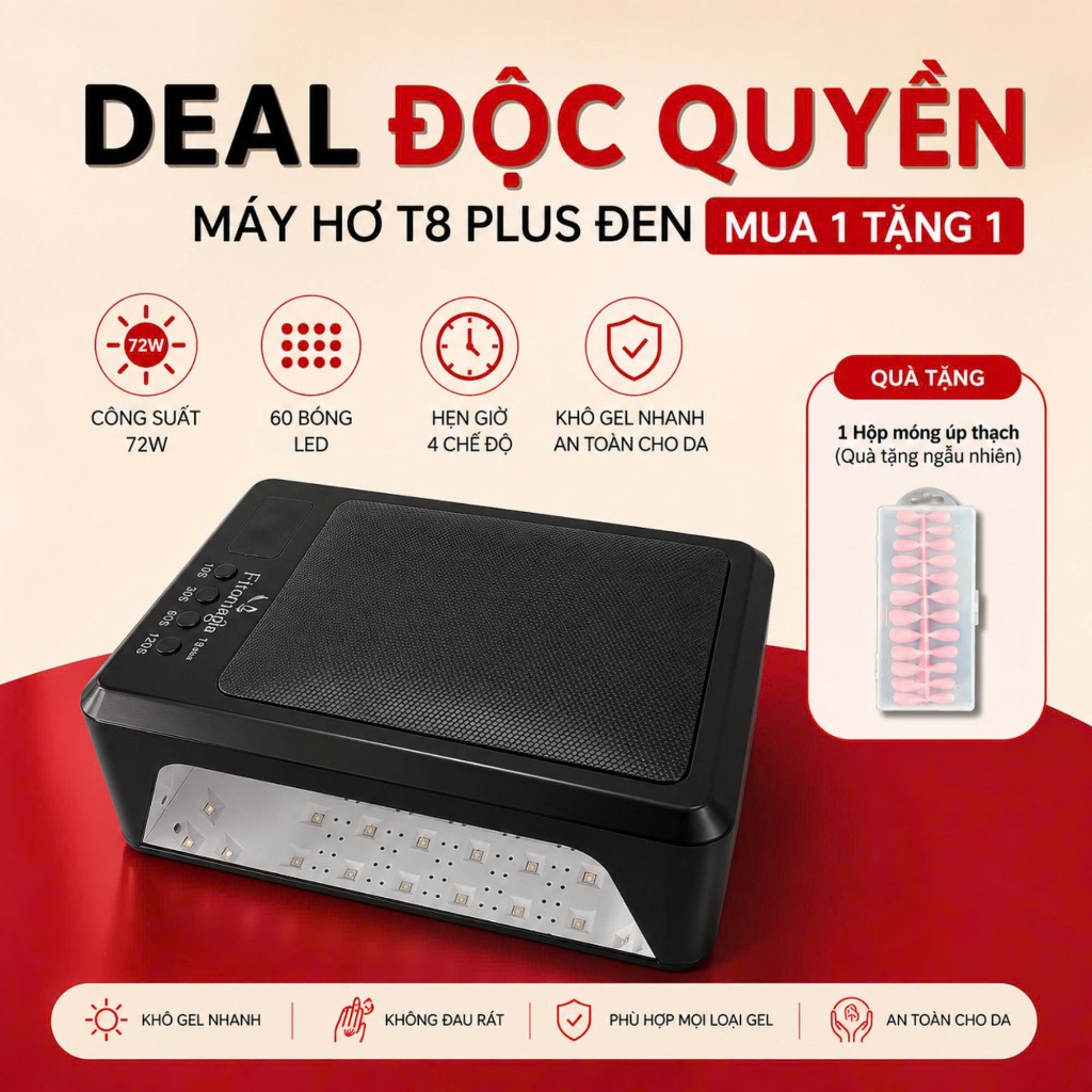 Máy hơ nail Fitomagia T8 Plus, máy hơ móng công suất mạnh 72W, 60 bóng LED, bh 6 tháng, màu đen