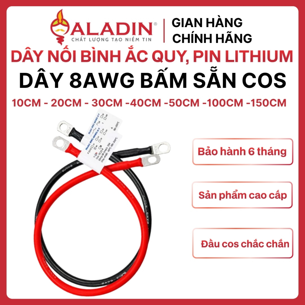 Dây nối bình acquy, pin lithium 2AWG bấm sẵn đầu cos dây điện AWG siêu mềm, chịu nhiệt cao 200 độ C