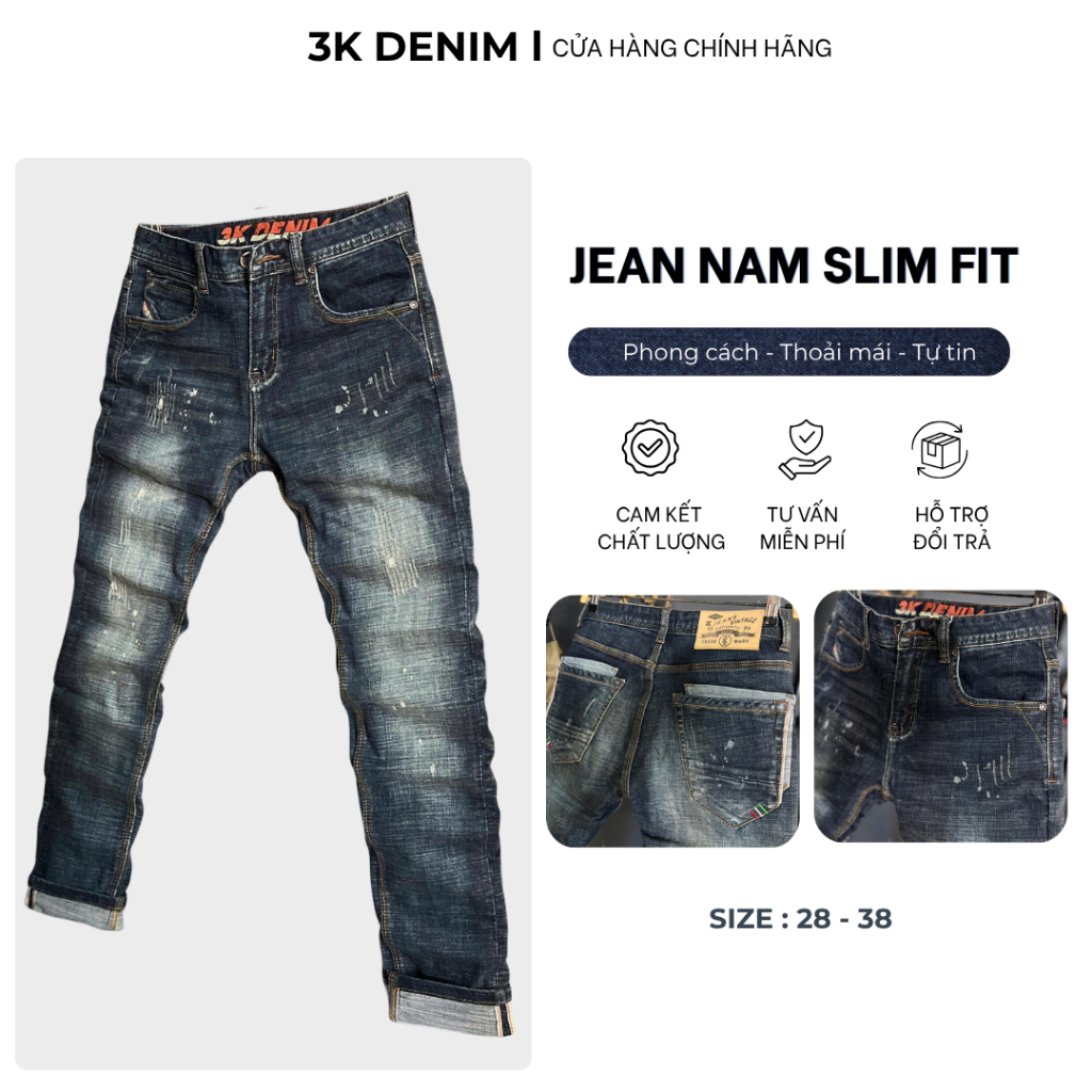 [3K DENIM] Quần Jean Denim Guangzhou J4128-3K-M18 Màu Xanh Was Đắp Túi Vẩy Sơn Was Ẩn Mẫu Mới