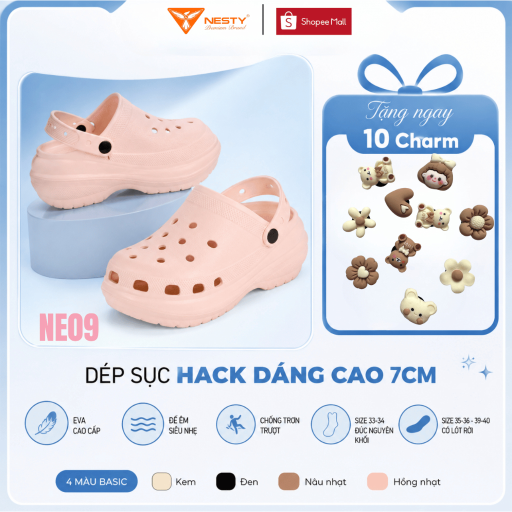 [NE09 ] - [Tặng 10 Charm 3D] - Dép Sục Nữ Đế Cao 7CM NESTY Kiểu Dáng Basic Chống Trơn Trượt