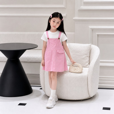 Set bộ bé gái TIHON cao cấp váy yếm kaki kèm áo thun trắng cho bé phong cách Hàn Quốc SET0744265