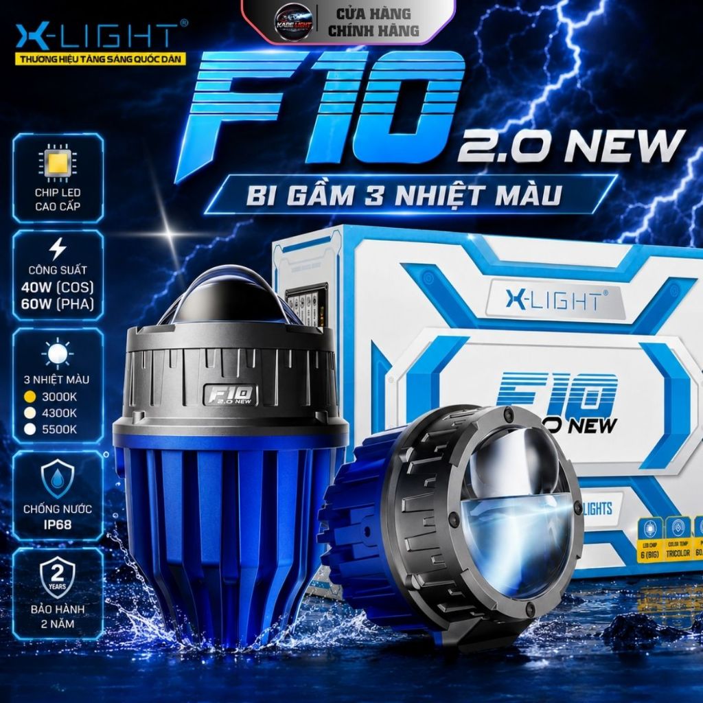 Đèn Bi Gầm X-LIGHT F10 2.0 New Phiên Bản Mới, Tích Hợp 3 Nhiệt Màu Và Mắt Trợ Pha Gom (Giá 1 Cặp)