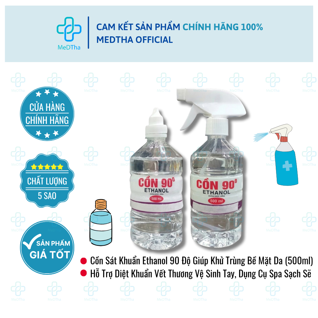 Dung Dịch Cồn Ethanol 90 Độ - Hỗ Trợ Khử Khuẩn Dùng Cho Spa, Khử Trùng Vật Dụng Y Tế (500ml)