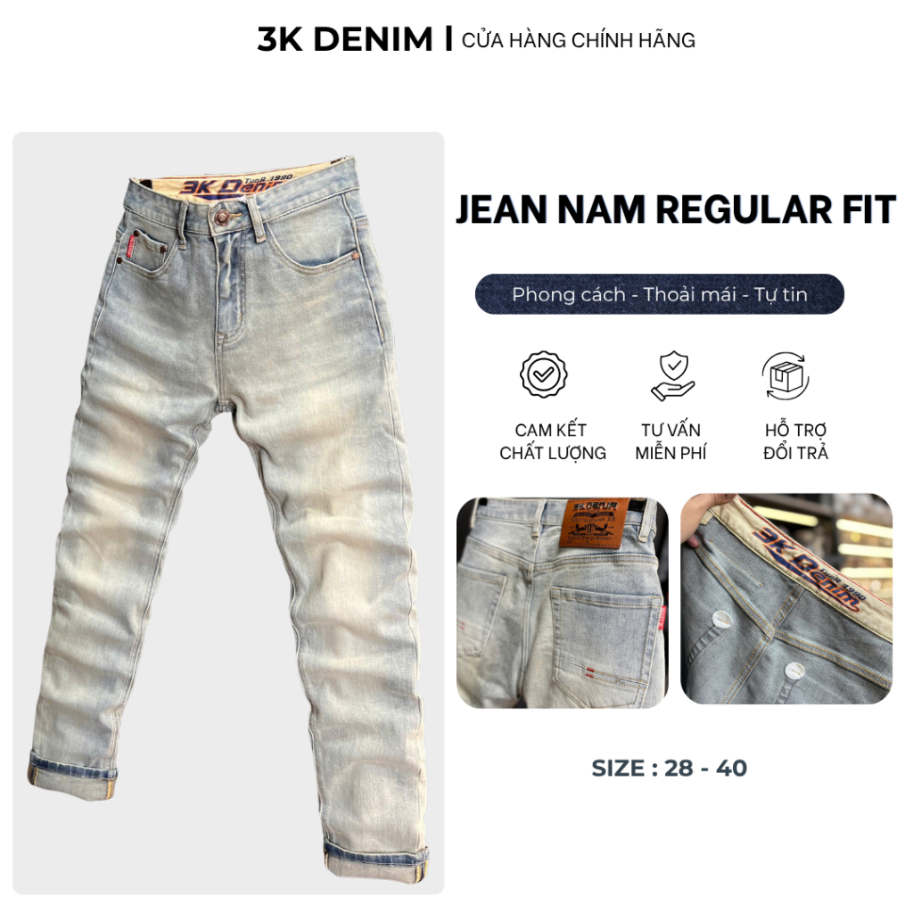 [3K DENIM] Quần Jean Nam Dài Denim Guangzhou Màu Xanh Bạc Phủ Dơ Lưng Chữ Nổi 3K2257-J3973