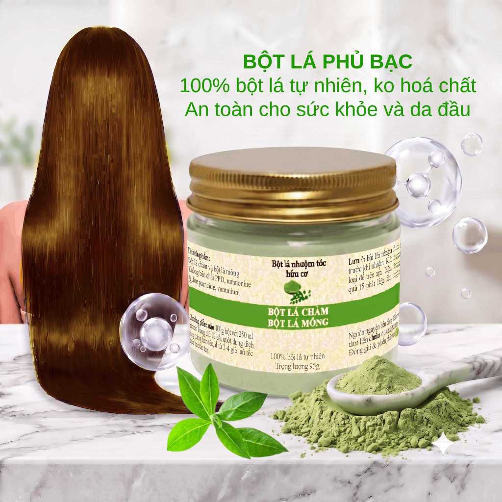 [Nâu vừa 95g] Bột hỗn hợp lá chàm indigo & lá móng henna giúp phủ bạc, 100% thảo mộc tự nhiên