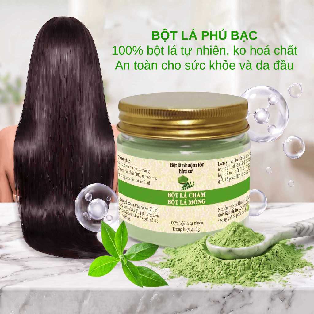 [Màu đen nâu 95g] Bột hỗn hợp lá chàm indigo & lá móng henna giúp phủ bạc, 100% thảo mộc tự nhiên