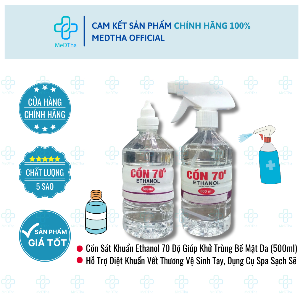 Dung Dịch Cồn Ethanol 70 Độ - Hỗ Trợ Khử Khuẩn Dùng Cho Spa, Khử Trùng Vật Dụng Y Tế (Chai 500ml)