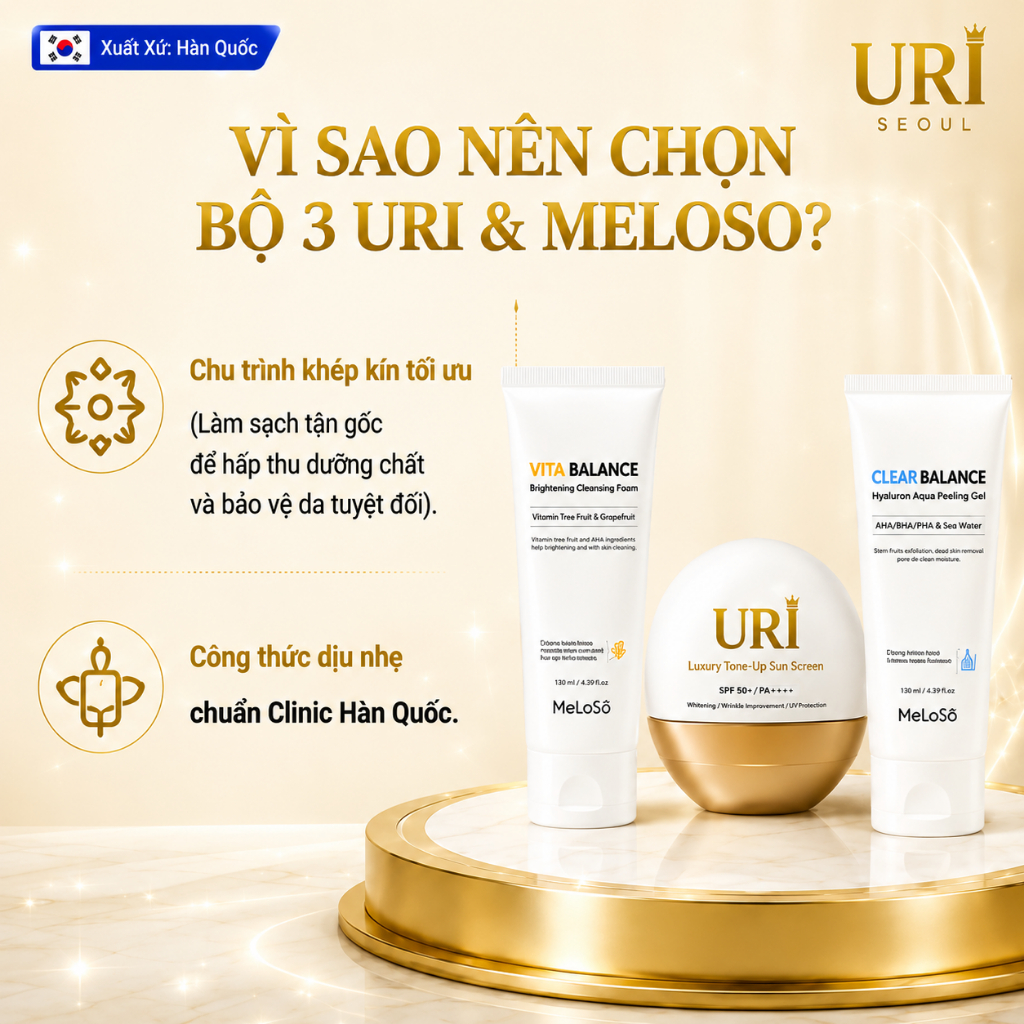 Bộ 3 URI CƠ BẢN LÀM SẠCH & BẢO VỆ DA (sữa rửa mặt, gel tẩy tế bàochết, kem chống nắng Uri) xuất xứ H