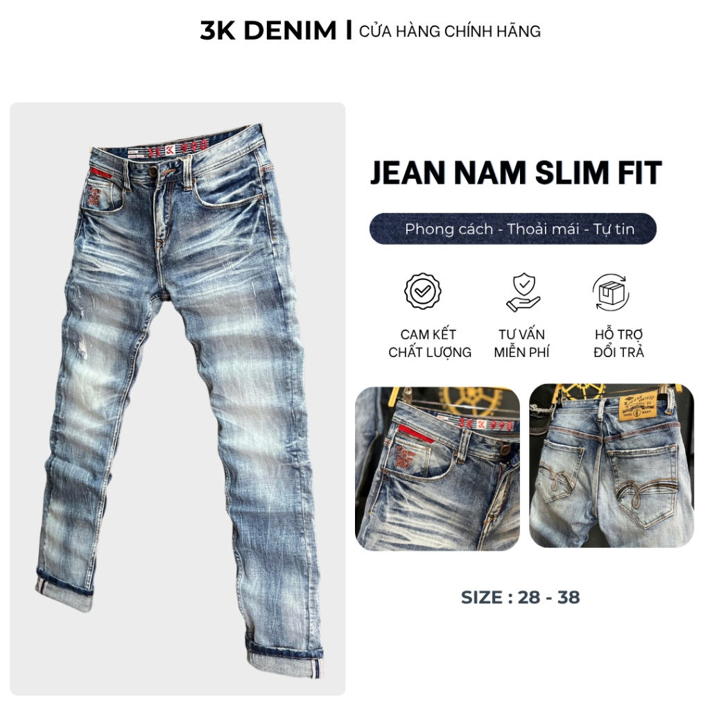 [3K DENIM] Quần Jean Denim Guangzhou J4075- 3K-M17-A Màu Xanh Bạc Was Đánh Rách Nhẹ Mẫu Mới