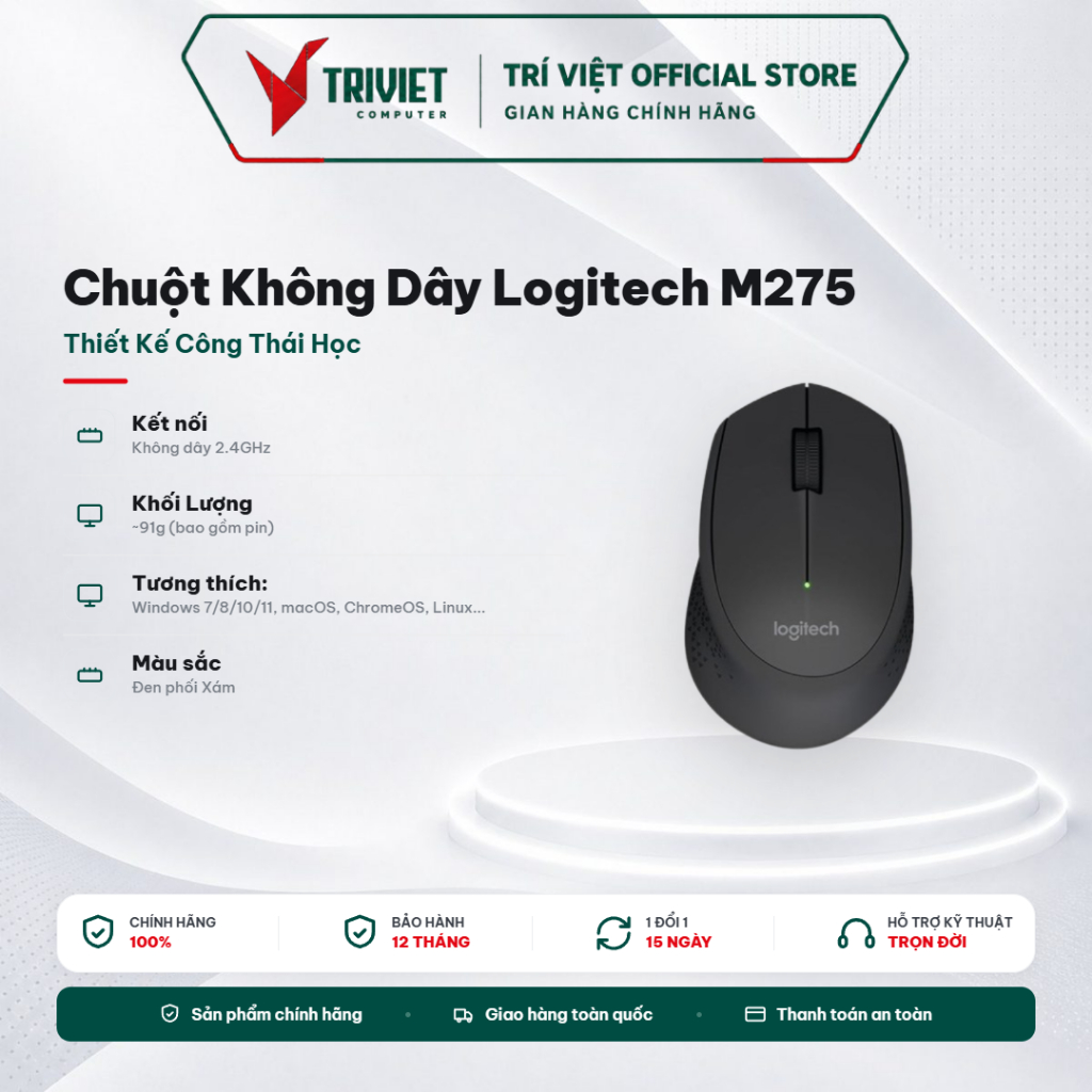 Chuột Không Dây Logitech M275 - Thiết Kế Công Thái Học Đầm Tay, Kết Nối 2.4GHz, Pin 18 Tháng