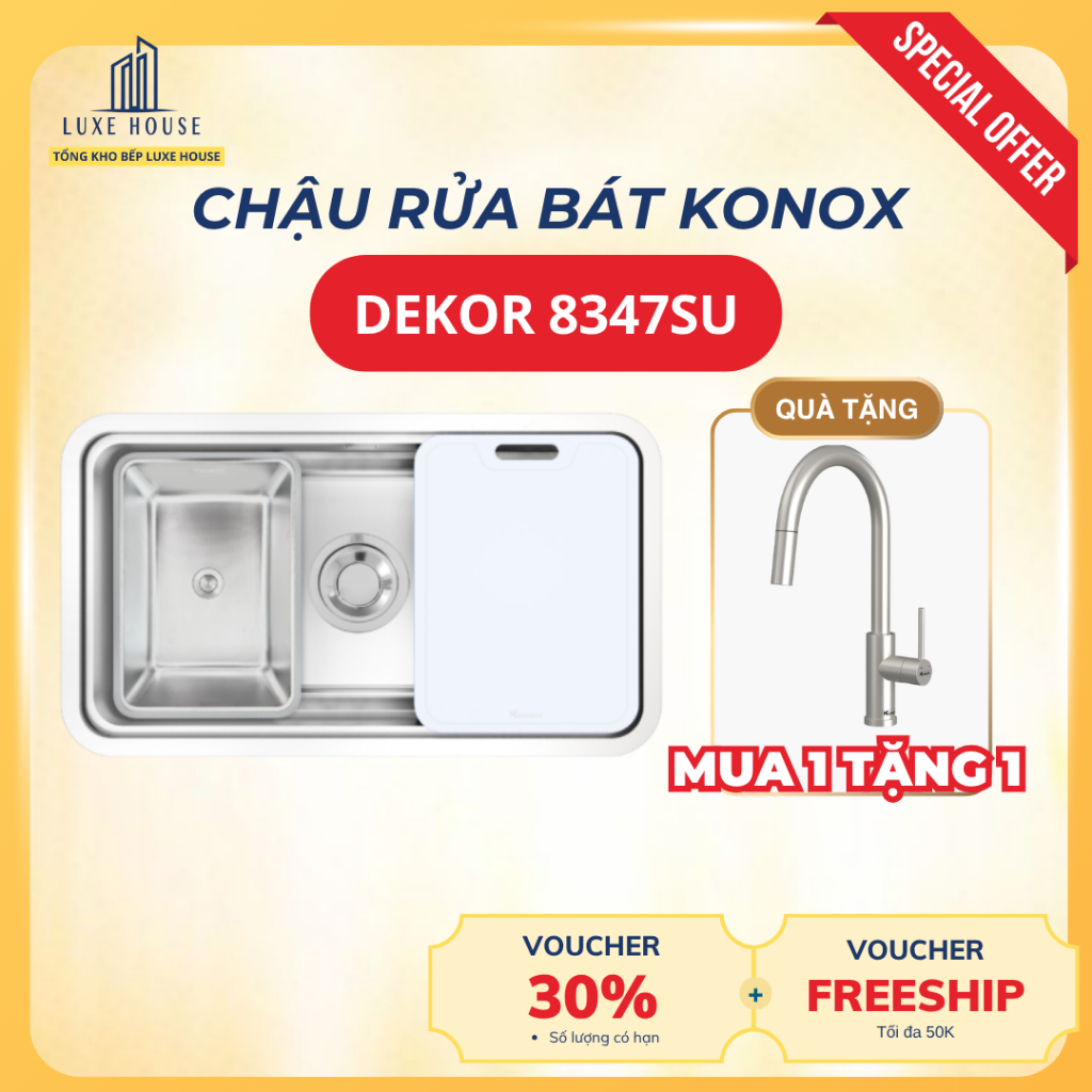 [TẶNG VÒI]CHẬU RỬA BÁT KONOX Dekor 8347SU- Inox 304,1 hố tối ưu không gian bếp, hạt Linen chống xước